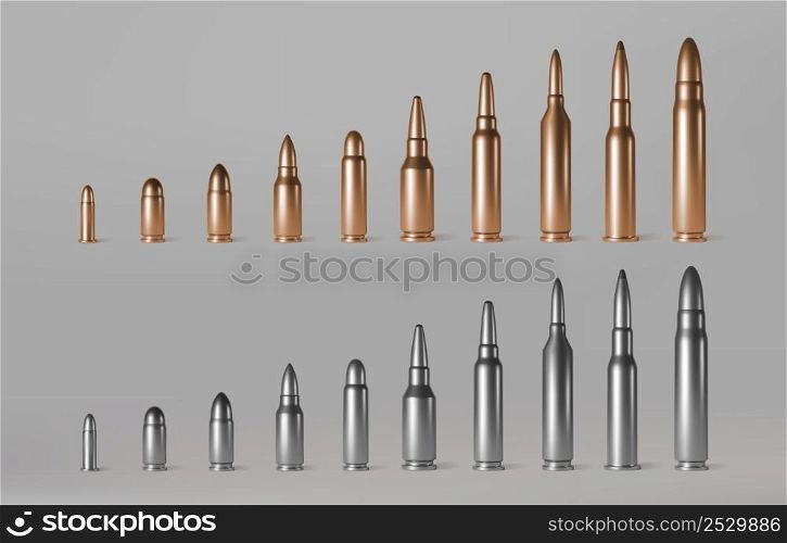 Bullets of different calibers stand in row. Copper, gold or silver colored shots, military handgun ammo weapon metal gunshots isolated on background, realistic 3d vector set. Bullets of different calibers stand in row.