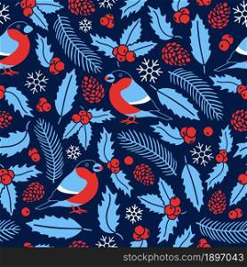Bullfinch and winter plants seamless christmas pattern. Winter ornament with holly leaves, fir cone and rowan red berries