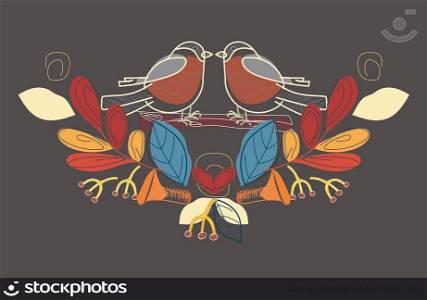 Bullfinch vintage vector illustration. Mushrooms, leaves, birds, berries. Autumn.