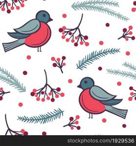 Bullfinches with rowan berries and fir branches seamless pattern. Winter background with birds and botanical elements. Template for wallpaper, packaging, fabric, vector illustration.. Bullfinches with rowan berries and fir branches seamless pattern.