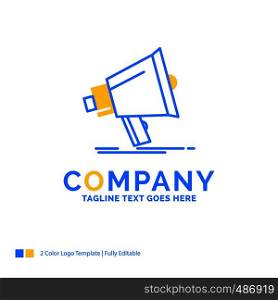 Bullhorn, digital, marketing, media, megaphone Blue Yellow Business Logo template. Creative Design Template Place for Tagline.