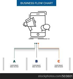 bullhorn, marketing, mobile, megaphone, promotion Business Flow Chart Design with 3 Steps. Line Icon For Presentation Background Template Place for text. Vector EPS10 Abstract Template background