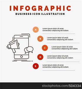 bullhorn, marketing, mobile, megaphone, promotion Infographics Template for Website and Presentation. Line Gray icon with Orange infographic style vector illustration. Vector EPS10 Abstract Template background