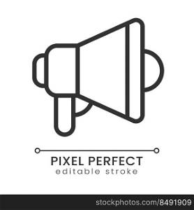 Bullhorn pixel perfect linear icon. Promotional campaign. Marketing strategy. Product advertising. Thin line illustration. Contour symbol. Vector outline drawing. Editable stroke. Poppins font used. Bullhorn pixel perfect linear icon