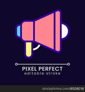 Bullhorn pixel perfect RGB color icon for dark theme. Promotional c&aign. Marketing strategy. Public media. Simple filled line drawing on night mode background. Editable stroke. Poppins font used. Bullhorn pixel perfect RGB color icon for dark theme