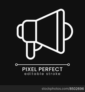 Bullhorn pixel perfect white linear icon for dark theme. Promotional campaign. Marketing strategy. Thin line illustration. Isolated symbol for night mode. Editable stroke. Poppins font used. Bullhorn pixel perfect white linear icon for dark theme