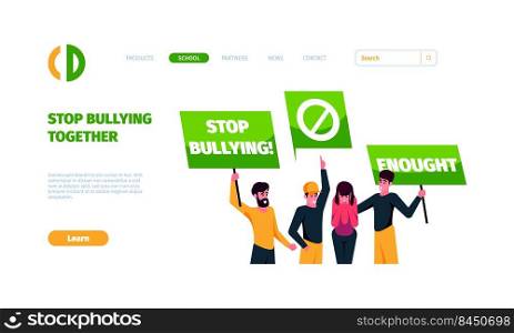 Bulling landing. Stop bully teenagers aggressive digital haters garish vector business web page with social announce. Illustration of stop bullying and abuse victim. Bulling landing. Stop bully teenagers aggressive digital haters garish vector business web page with social announce