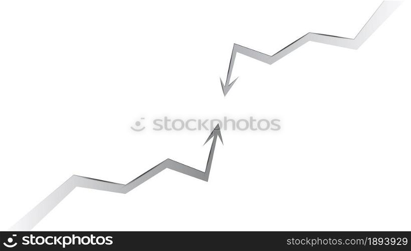 Bullish and bearish market trend arrows collide on white background. Vector illustration.