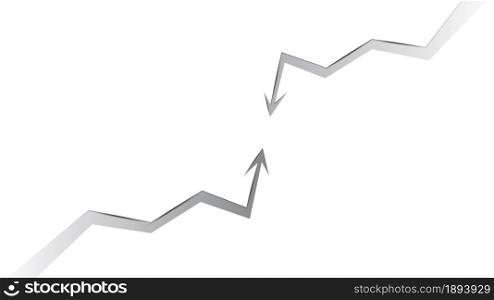 Bullish and bearish market trend arrows collide on white background. Vector illustration.