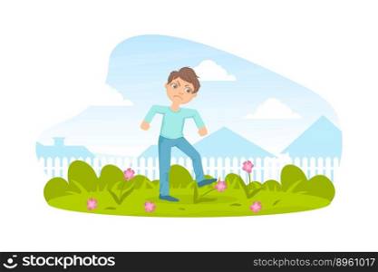 Bully boy treading down flowers in meadow kids vector image