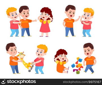 Bully child. Cartoon bad kid fight and mock crying girl. Verbal and physical bullying. Problem behavior children in kindergarten vector set. Aggressive boy offending children, breaking toys. Bully child. Cartoon bad kid fight and mock crying girl. Verbal and physical bullying. Problem behavior children in kindergarten vector set