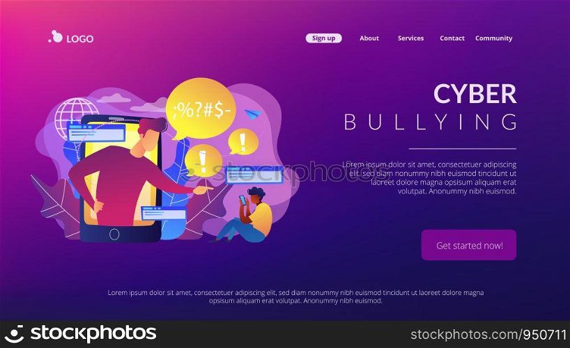Bully in smartphone harassing, threatening and intimidating upset victim online. Cyberbullying, online flooding, social network harassment concept. Website vibrant violet landing web page template.. Cyberbullying concept landing page.