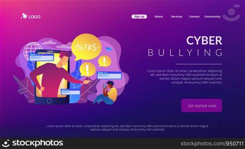 Bully in smartphone harassing, threatening and intimidating upset victim online. Cyberbullying, online flooding, social network harassment concept. Website vibrant violet landing web page template.. Cyberbullying concept landing page.