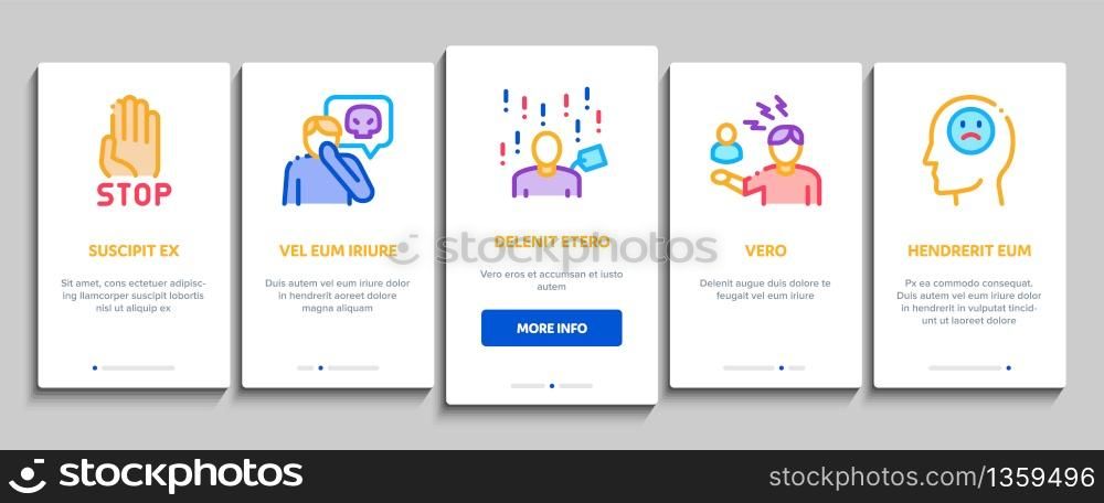 Bullying Aggression Onboarding Mobile App Page Screen Vector. Internet Bullying And Name-calling, Beating And Showing Indecent Gesture Color Contour Illustrations. Bullying Aggression Onboarding Elements Icons Set Vector