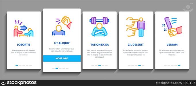 Bullying Aggression Onboarding Mobile App Page Screen Vector. Internet Bullying And Name-calling, Beating And Showing Indecent Gesture Color Contour Illustrations. Bullying Aggression Onboarding Elements Icons Set Vector