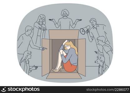 Bullying and public opinion concept. Young stressed woman hiding in box trying to het rid of people bullying and public opinion vector illustration . Bullying and public opinion concept