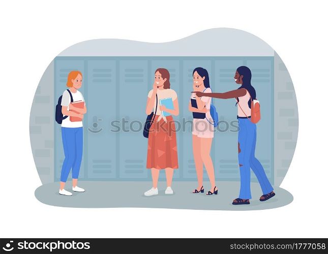 Bullying at school 2D vector isolated illustration. Sad student being harassed. Mean classmates with upset girl flat characters on cartoon background. Teenager problem colourful scene. Bullying at school 2D vector isolated illustration
