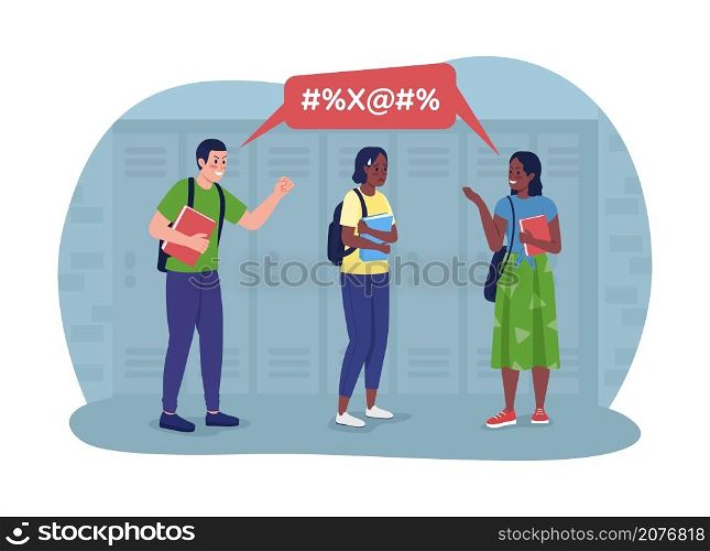 Bullying at school 2D vector isolated illustration. Teenagers cruel laughing at classmate flat characters on cartoon background. Humiliated teen. Low self-esteem development colourful scene. Bullying at school 2D vector isolated illustration