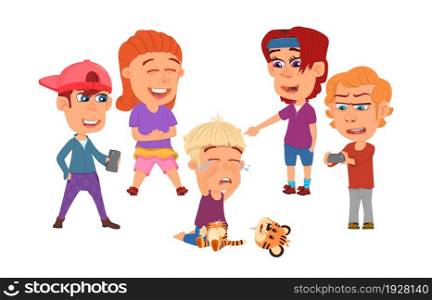 Bullying children. Child laughing, kids bully. Teenagers laughs and doing video on phone. School abusers, angry boys and victim decent vector scene. Illustration of bullying boy and laughing. Bullying children. Child laughing, kids bully. Teenagers laughs and doing video on phone. School abusers, angry boys and victim decent vector scene