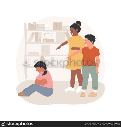 Bullying isolated cartoon vector illustration Early teen socialization problems, bullying classmate, sad kid sitting, group of children laughing, cyberstalking at school vector cartoon.. Bullying isolated cartoon vector illustration