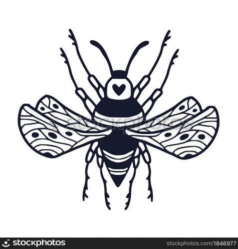 Bumble bee illustration in ornamental style for tattoo or t-shirt design. Kids interior print with hand drawn black and white bee. Bumble bee illustration in ornamental style for tattoo or t-shirt design. Kids interior print with hand drawn black and white bee.