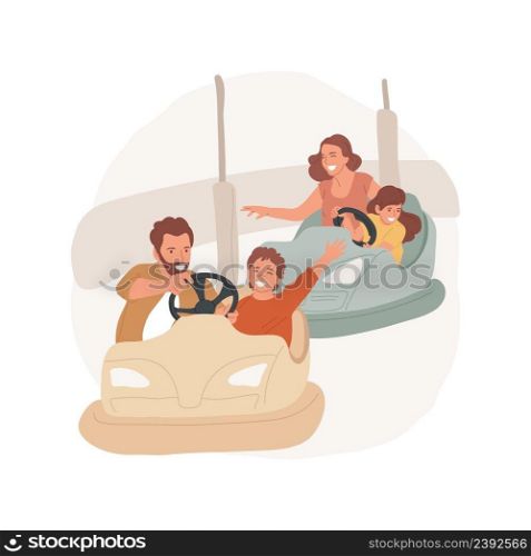 Bumper cars isolated cartoon vector illustration Parents sit in small vehicles with children, electric bumper car attraction, having fun, family leisure time, amusement park vector cartoon.. Bumper cars isolated cartoon vector illustration