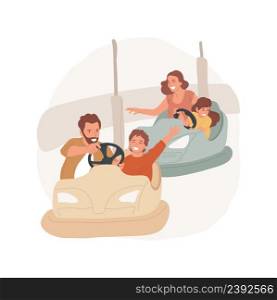 Bumper cars isolated cartoon vector illustration Parents sit in small vehicles with children, electric bumper car attraction, having fun, family leisure time, amusement park vector cartoon.. Bumper cars isolated cartoon vector illustration