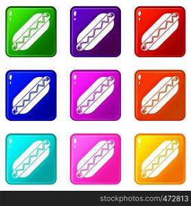 Bun and sausage icons of 9 color set isolated vector illustration. Bun and sausage icons 9 set