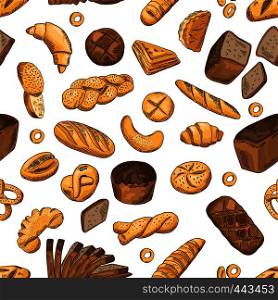 Bun, bagel, baguette and other bakery foods. Vector seamless pattern in retro style. Wheat bread seamless pattern background illustration. Bun, bagel, baguette and other bakery foods. Vector seamless pattern in retro style