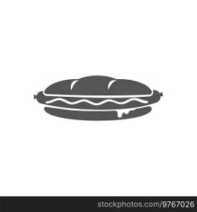 Bun with sausage isolated hotdog fastfood snack monochrome icon. Vector hot dog with mustard, mayonnaise or ketchup sauce, takeout meal. Takeaway street food drawing, bread with grilled wiener. Hotdog fastfood snack with sausage and bun icon