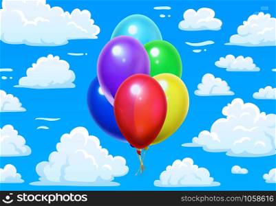 Bunch balloons in clouds. Cartoon blue cloudy sky and colorful 3d glossy balloons. Helium air balloon in sky, birthday party fun or carnival joy vector illustration. Bunch balloons in clouds. Cartoon blue cloudy sky and colorful 3d glossy balloons vector illustration