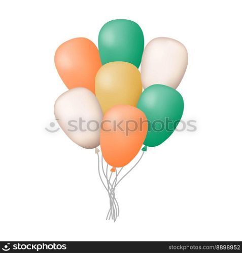 Bunch of 3D gel balloons on a white background. Flying balloons in the colors of the Irish flag. Decoration object for birthday, wedding, festival, any holiday. Vector illustration.. Bunch of 3D gel balloons on a white background.