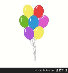 Bunch of balloons for birthday and party. 7 Flying ballons with rope. Blue, red, yellow, green, pink, lilac balls in set on white background. Balloon in cartoon style for celebrate and party