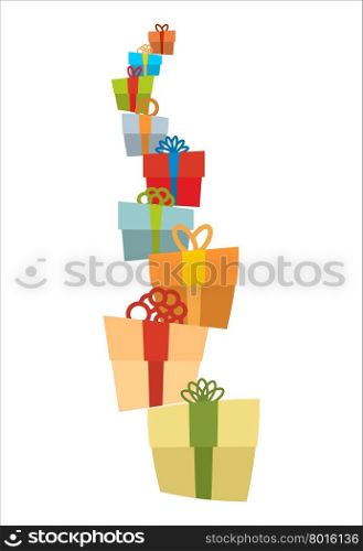 Bunch of gifts. Stack of gift boxes. Tower of gifts with bows. Many holiday boxes.&#xA;