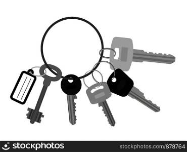 Bunch of keys flat vector illustration. Key set with keyring or keychain isolated on white background. Key set with keyring