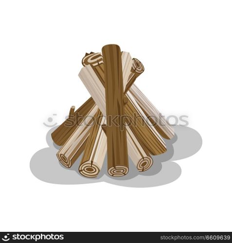 Bunch of logs with shadow isolated on white. Neatly stacked firewood elements to make fire. Wooden brickets placed together to start fire. Isolated vector of round billets in cartoon style. Vector Illustration of Billets in Cartoon Style