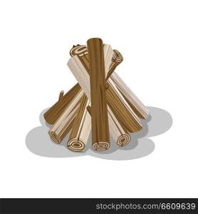 Bunch of logs with shadow isolated on white. Neatly stacked firewood elements to make fire. Wooden brickets placed together to start fire. Isolated vector of round billets in cartoon style. Vector Illustration of Billets in Cartoon Style