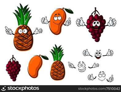 Bunch of purple grape, sweet orange mango and yellow pineapple fruits cartoon characters. Agriculture or healthy food concept design. Ripe grape, mango and pineapple fruits