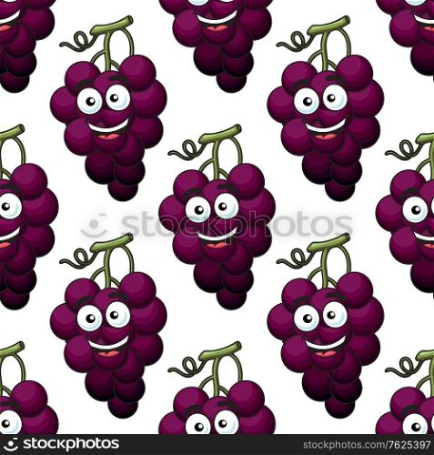 Bunch of purple grapes seamless pattern with a happy laughing face in square format suitable for wallpaper and textile, vector illustration on white
