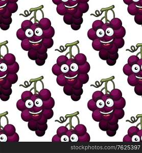 Bunch of purple grapes seamless pattern with a happy laughing face in square format suitable for wallpaper and textile, vector illustration on white