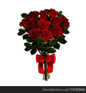 Bunch of red roses with ribbon realistic composition on white background vector illustration