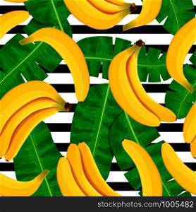 Bunch of Ripe bananas on white background. Striped seamless pattern. Whole fruits and green leaves. vector illustration. for cooking, cosmetics, Herbal medicine, health care, ointments perfumery. Bunch of Ripe bananas on white background. Striped seamless pattern. Whole fruits and green leaves.