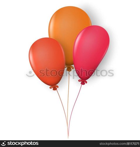 Bunch of three colored balloons red, orange color with highlights and shadows on rope isolated on white background. Vector illustration.. Bunch of three colored balloons red, orange color with highlights and shadows on rope isolated on white background.
