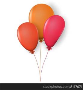 Bunch of three colored balloons red, orange color with highlights and shadows on rope isolated on white background. Vector illustration.. Bunch of three colored balloons red, orange color with highlights and shadows on rope isolated on white background.