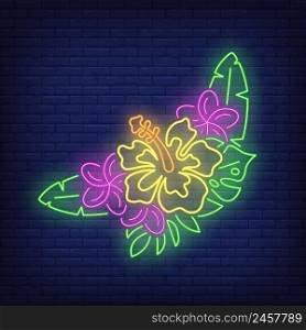 Bunch of tropical flowers neon sign. Pink and yellow hibiscuses with green leaves. Glowing banner or billboard elements. Vector illustration in neon style for topics like Hawaii, decoration, vacation
