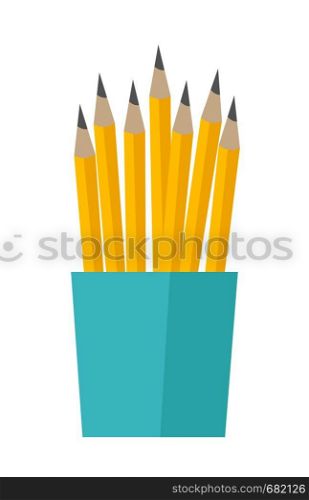 Bunch of yellow lead pencils in a blue cup vector cartoon illustration isolated on white background.. Bunch of pencils in a cup vector illustration.