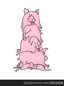 bunch pigs. Animals lie on top of each other. Happy Farm pigs.&#xA;Animals in cartoon style. many pigs