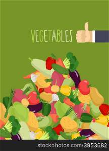 Bunch vegetables. Turnips and squash. Hand with the thumb up a favorable gesture. Proper nutrition of vegetables