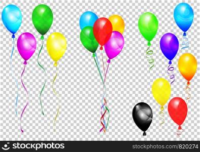 Bunches and groups of colorful helium balloons isolated on transparent background. Vector illustration, eps 10