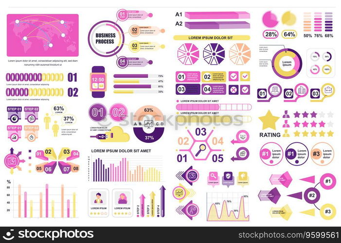 Bundle infographic elements data visualization vector design template. Can be used for steps, business processes, workflow, diagram, flowchart concept, timeline, marketing icons, info graphics.